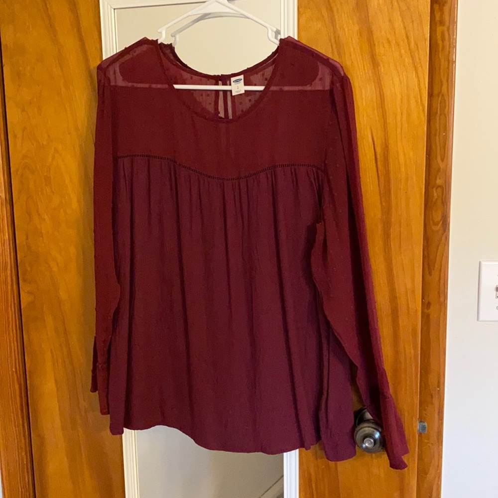 Maroon blouse with sheer top and sleeves